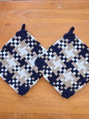 Set of 2 Handmade Artisan Cotton Woven Loomed Nautica Potholders Hot PadsTrivets